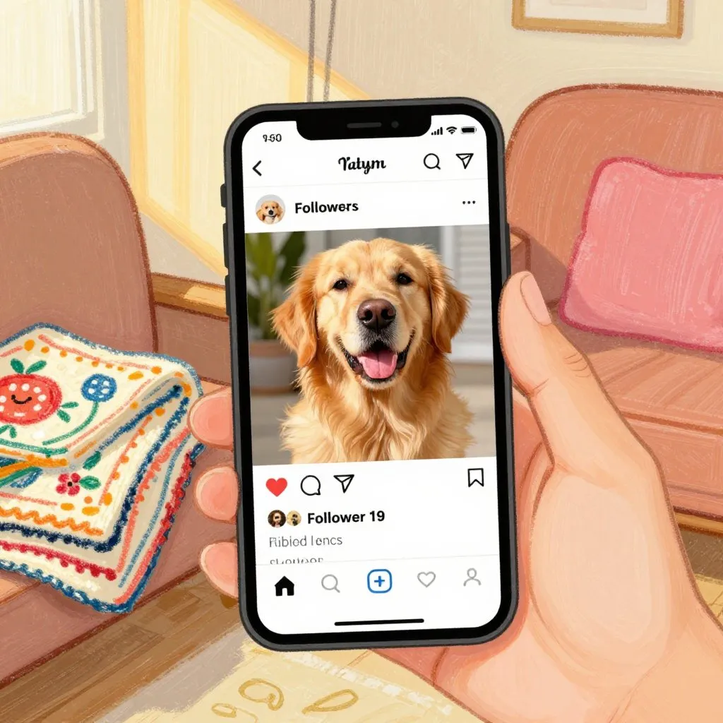A phone screen showing a photo of a golden retriever with a large follower count, a handmade blanket folded nearby on a couch, warm lamplight
