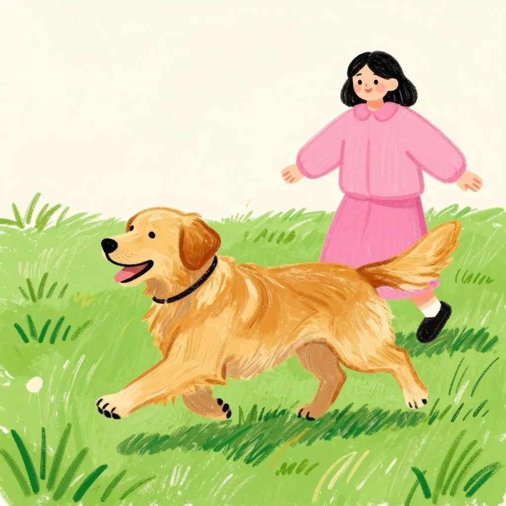 A lean golden retriever running across a grassy park with tail up and ears back, joyful motion, a young woman watching from behind with arms slightly raised, bright daylight