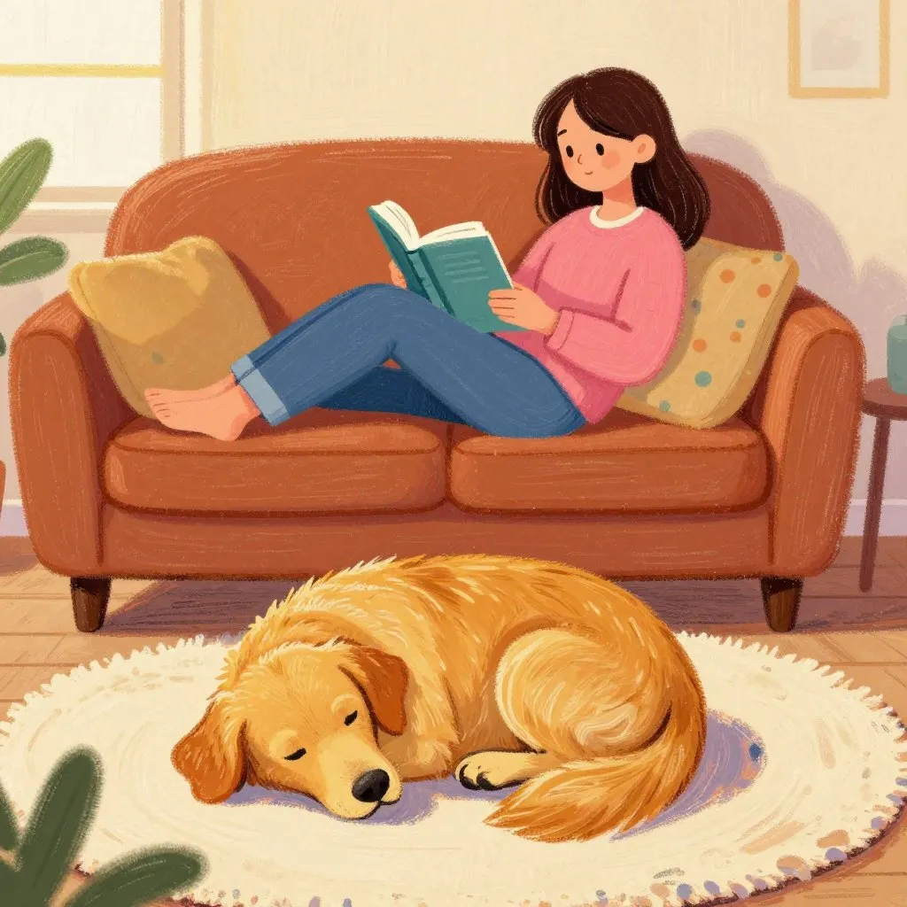 A golden retriever curled on a soft floor rug beside a young woman reading on a couch, warm evening lamplight, cozy and settled