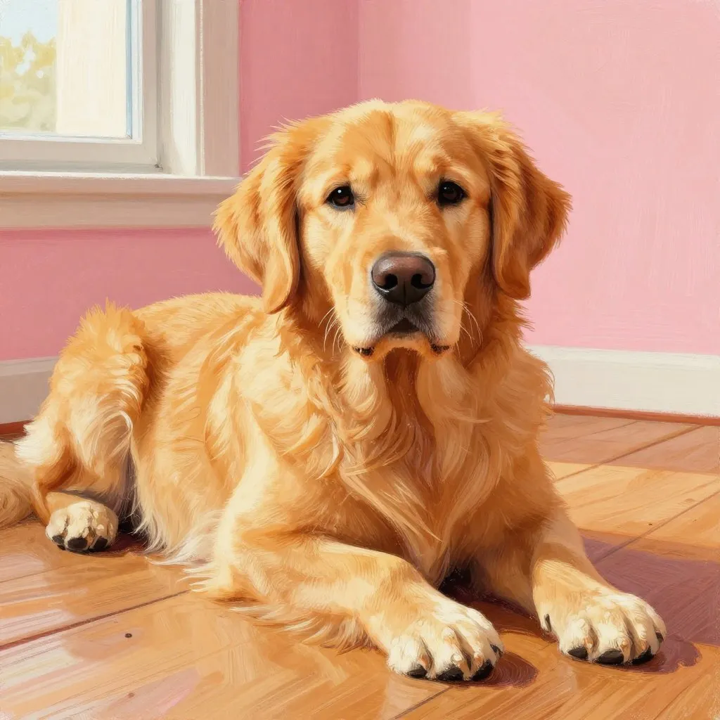 A large golden retriever lying on a warm wooden floor looking directly at the viewer with calm, steady eyes, soft amber light from a nearby window