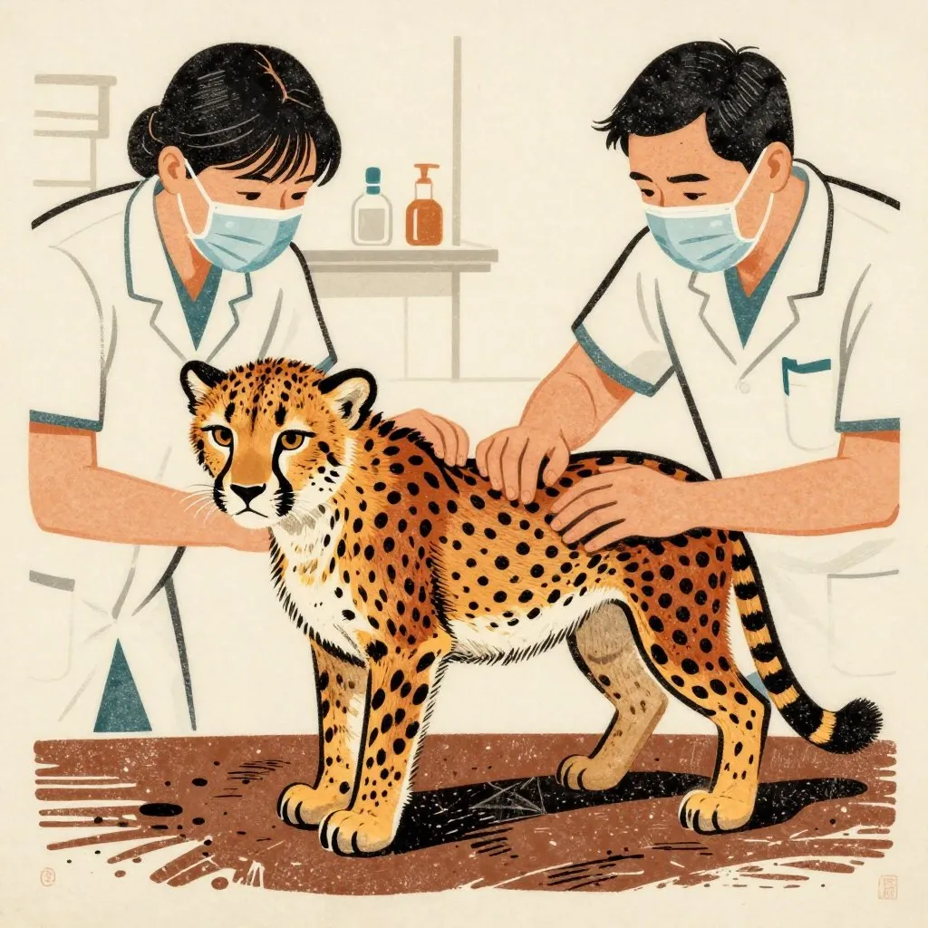 A cheetah cub being gently examined by two veterinarians in a zoo clinic, one keeper pressing fingertips carefully along the cub's spine, focused and careful mood