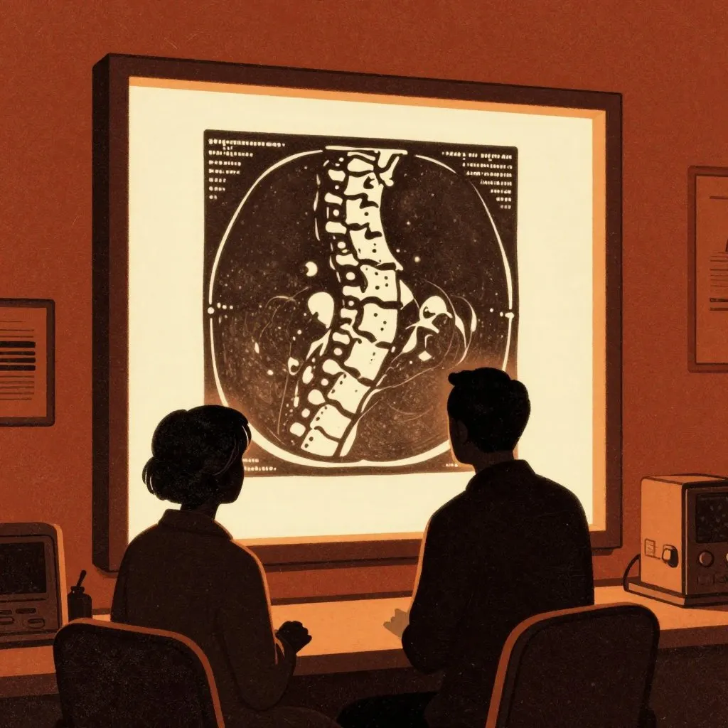A glowing CT scan image of a curved cheetah spine displayed on a light panel, two silhouetted figures studying it intently in a clinical room with dramatic light and shadow