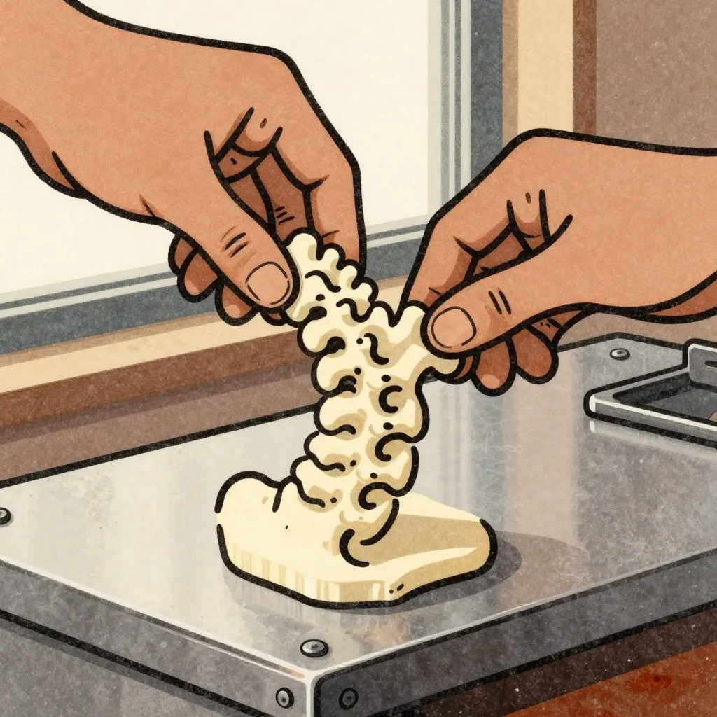 A 3D-printed ivory-colored model of a small spine resting on a metal workbench, a pair of gloved hands holding it up against a bright window, deliberate and precise mood