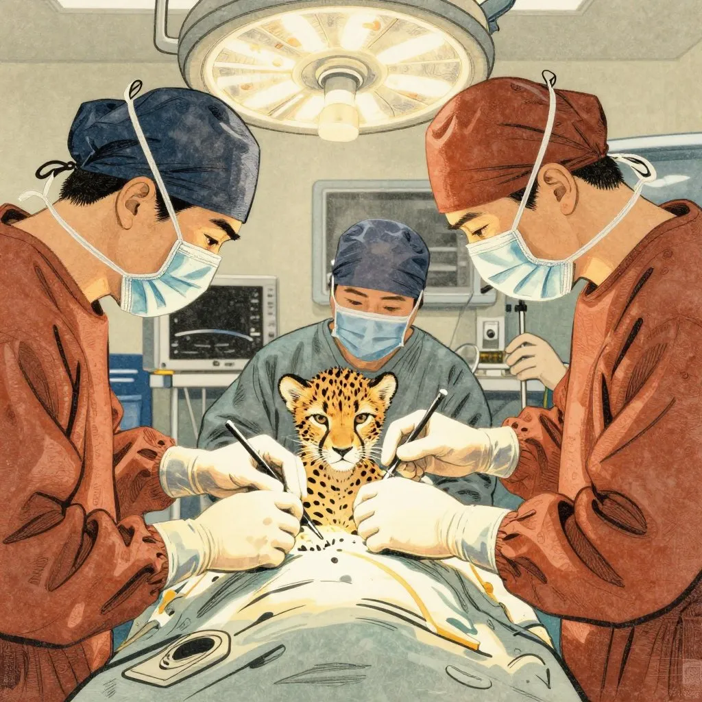 A close-up overhead view of surgeons working in a brightly lit operating room, a small cheetah cub on the table surrounded by careful hands, tense and focused mood