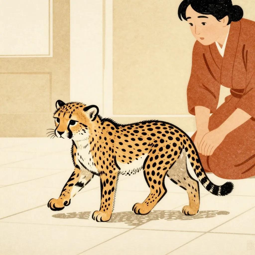 A young cheetah cub taking her first steps across a clean tile floor, a keeper kneeling nearby watching with quiet wonder, soft warm light through a window