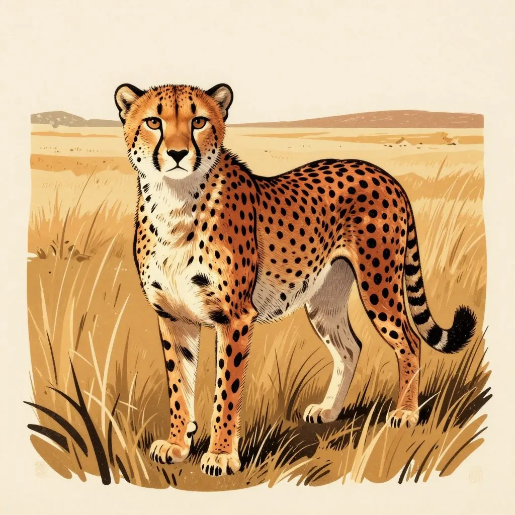 A young spotted cheetah standing in tall dry grass looking directly forward, confident and alert, warm morning light raking across the savanna