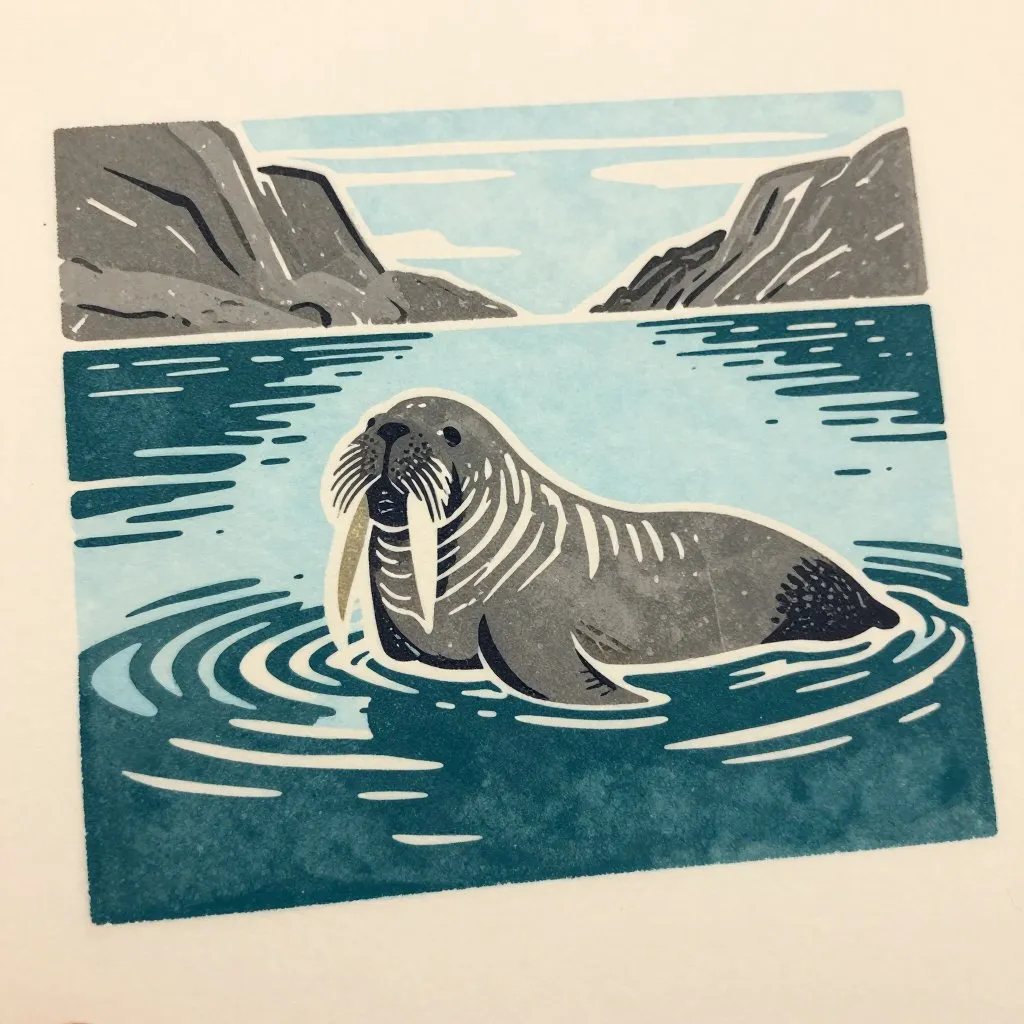 A walrus emerging from dark northern water into a sunlit Norwegian fjord, rocky shoreline in the background, sense of arrival and disorientation