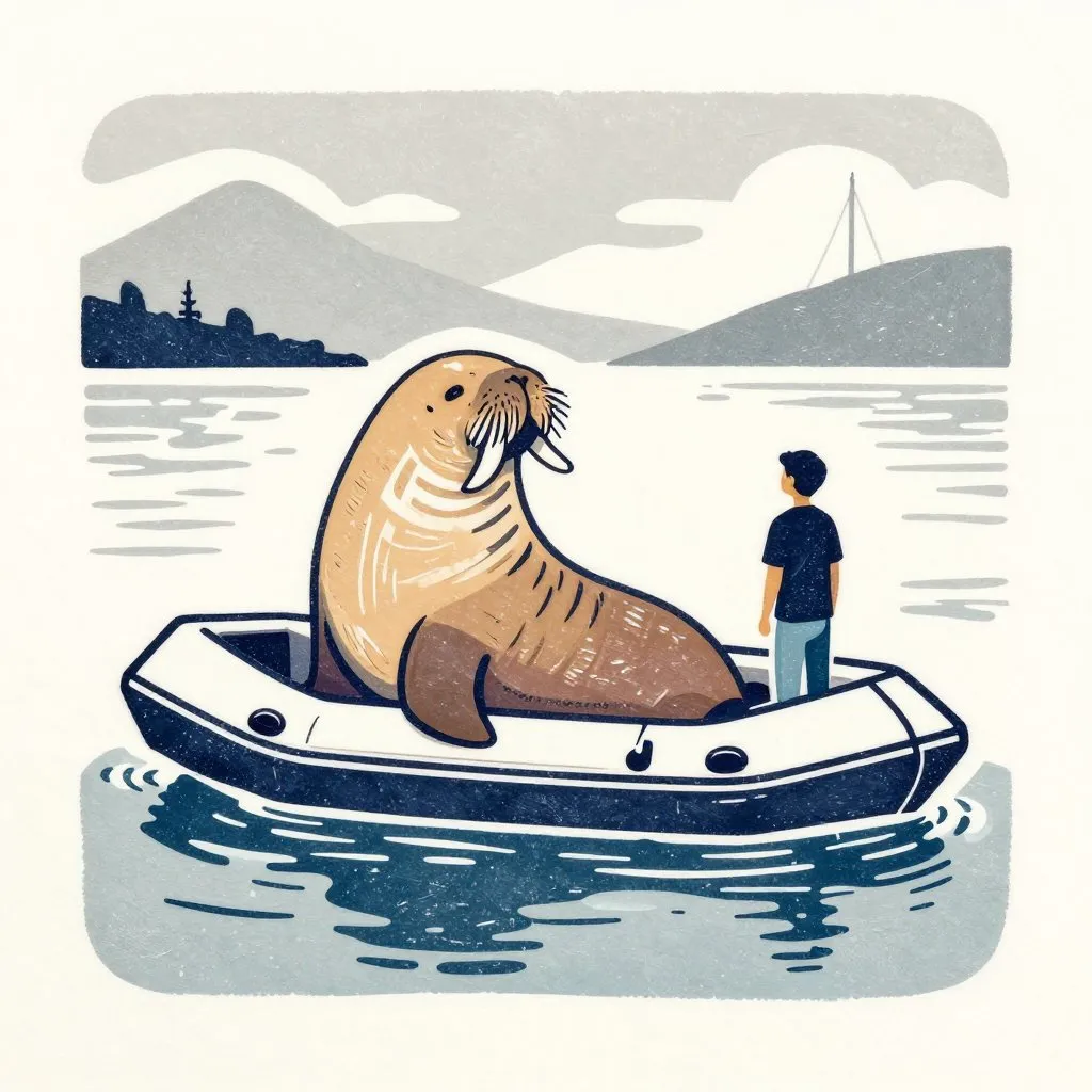 A walrus draped over the side of a small sinking inflatable boat, its occupant standing waist-deep in calm harbor water watching, dry humor and gentle chaos