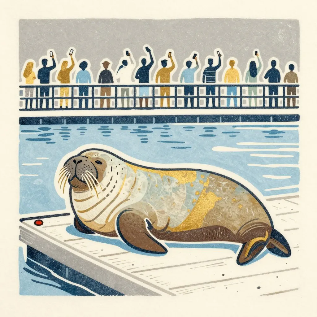 A walrus sleeping on a dock while a crowd of people lines the harbor railing above, dozens of phones in the air, creature completely unbothered