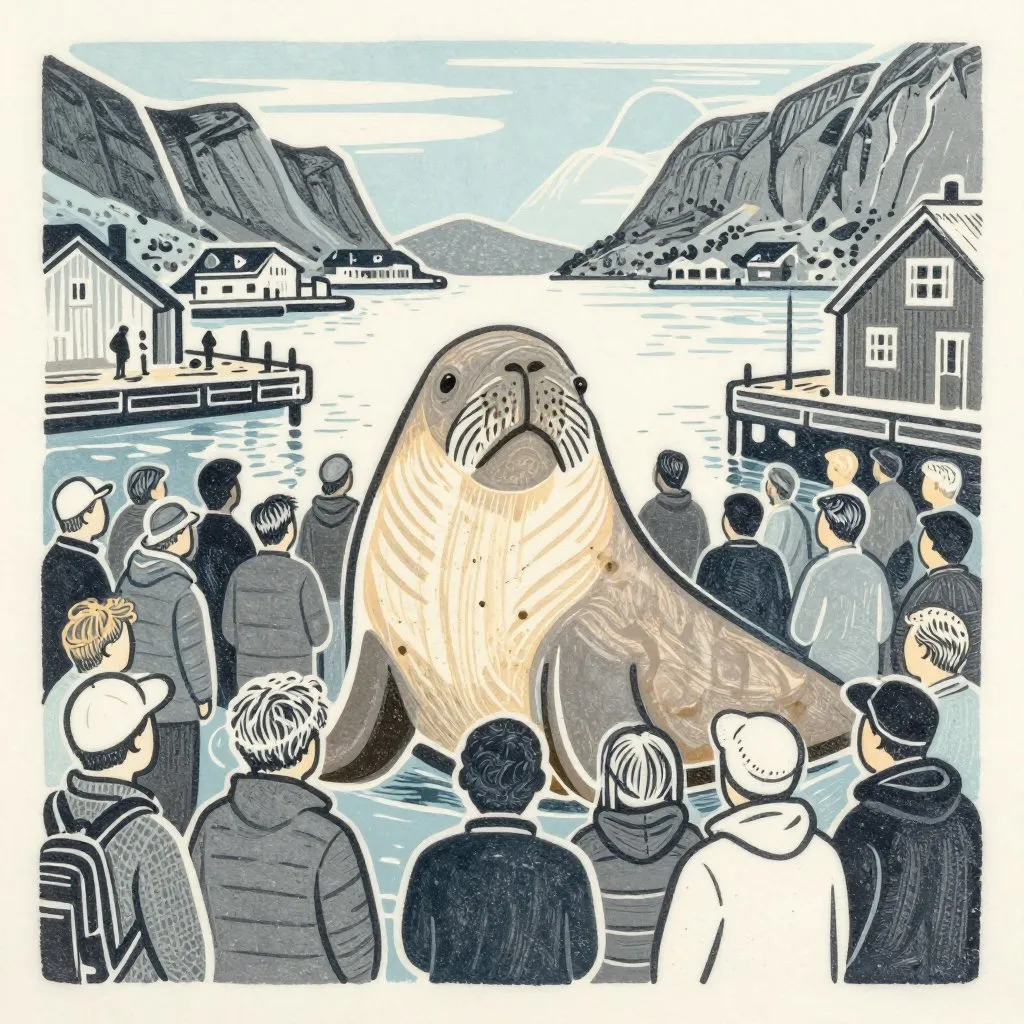 A walrus surrounded by a dense crowd on a narrow Norwegian harbor, people pressing close from all sides, tension between curiosity and intrusion