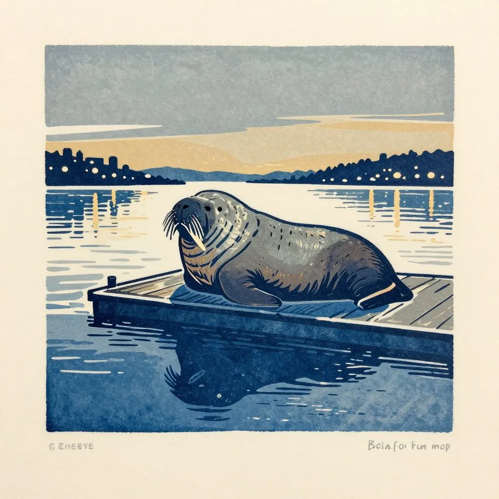 A lone walrus resting quietly on a dock at dusk, long blue shadows, city lights reflecting in still water, stillness and melancholy