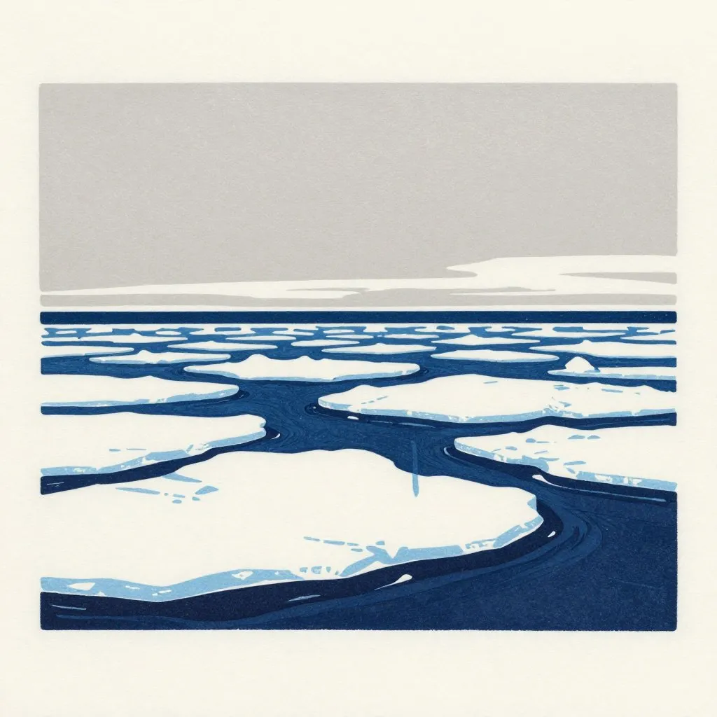 A wide open Arctic seascape with pack ice on the horizon, empty northern ocean under a pale sky, quiet and vast, a sense of something that should have been