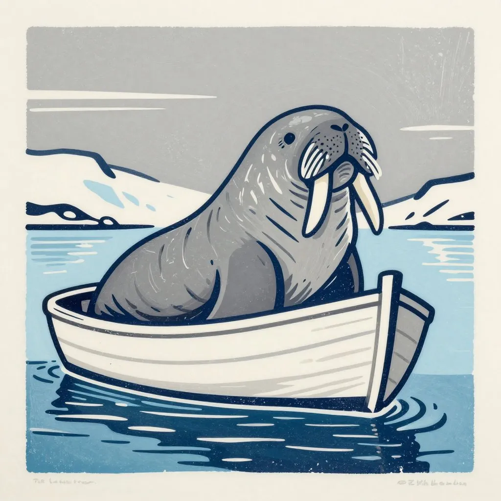 A large walrus resting on the bow of a small wooden boat in a grey northern harbor, calm water reflecting pale winter light