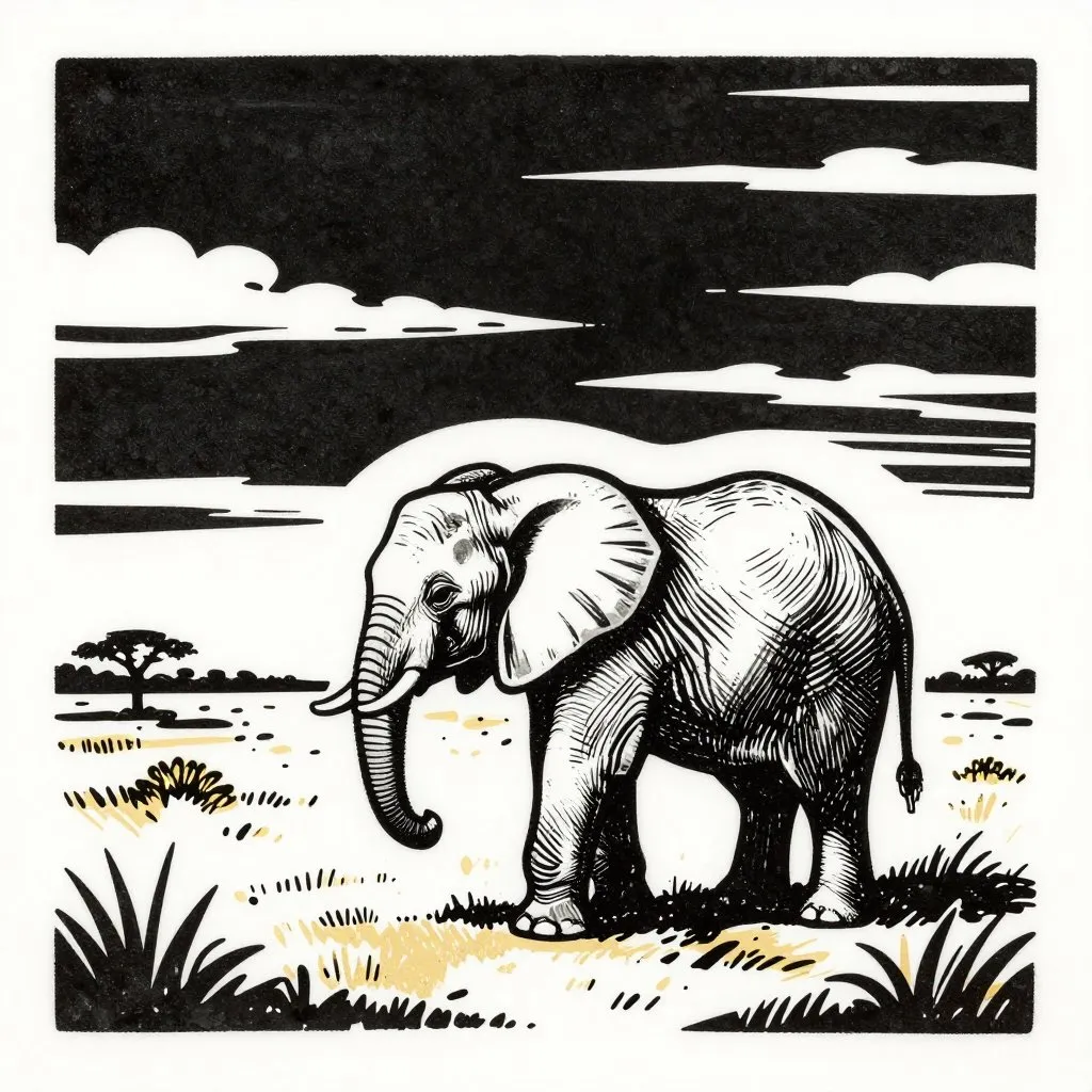 A small elephant calf alone in a wide African landscape, bold graphic sky, sense of smallness and loss