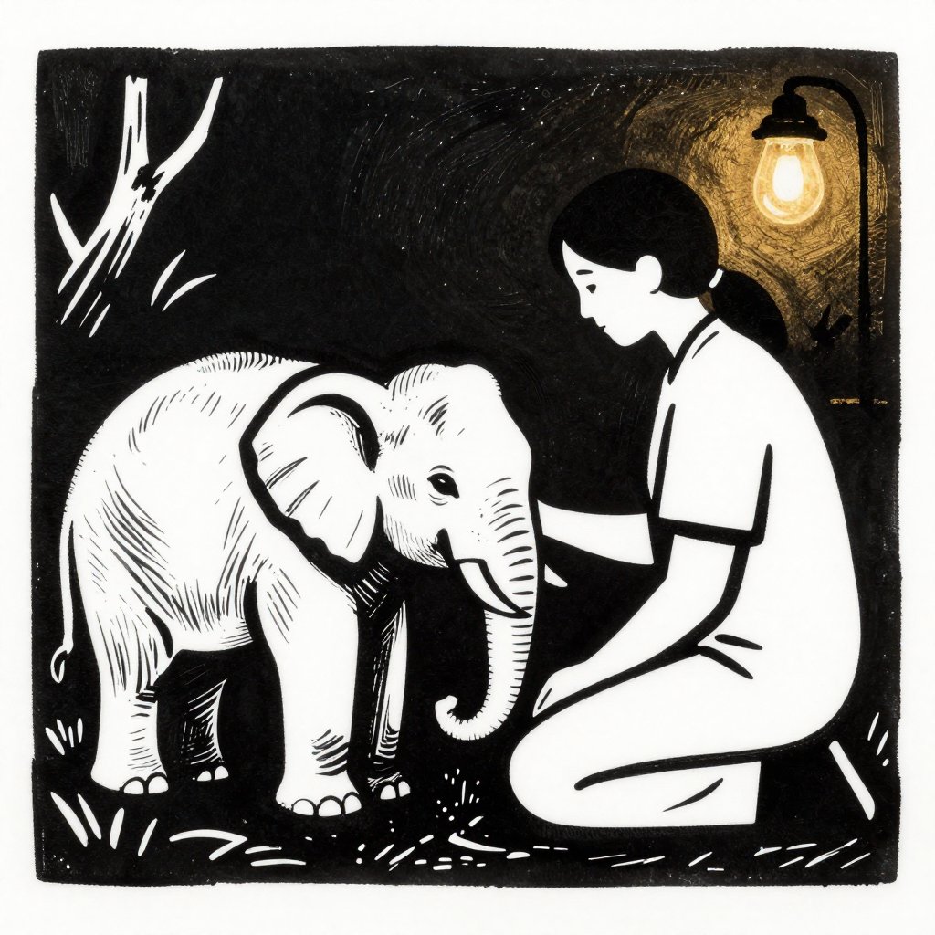 A caregiver sitting close to a small elephant in a rescue facility, hand resting on the elephant's side, warmth in darkness