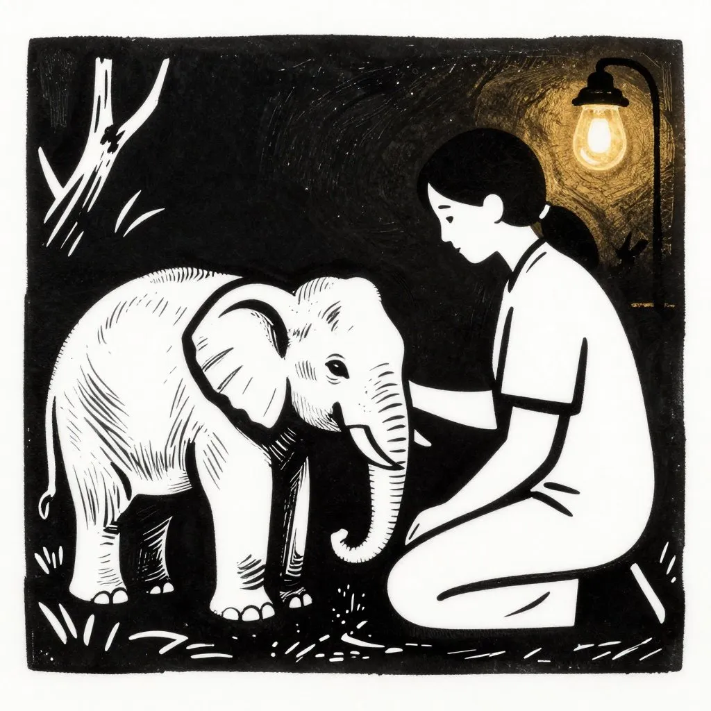 A caregiver sitting close to a small elephant in a rescue facility, hand resting on the elephant's side, warmth in darkness