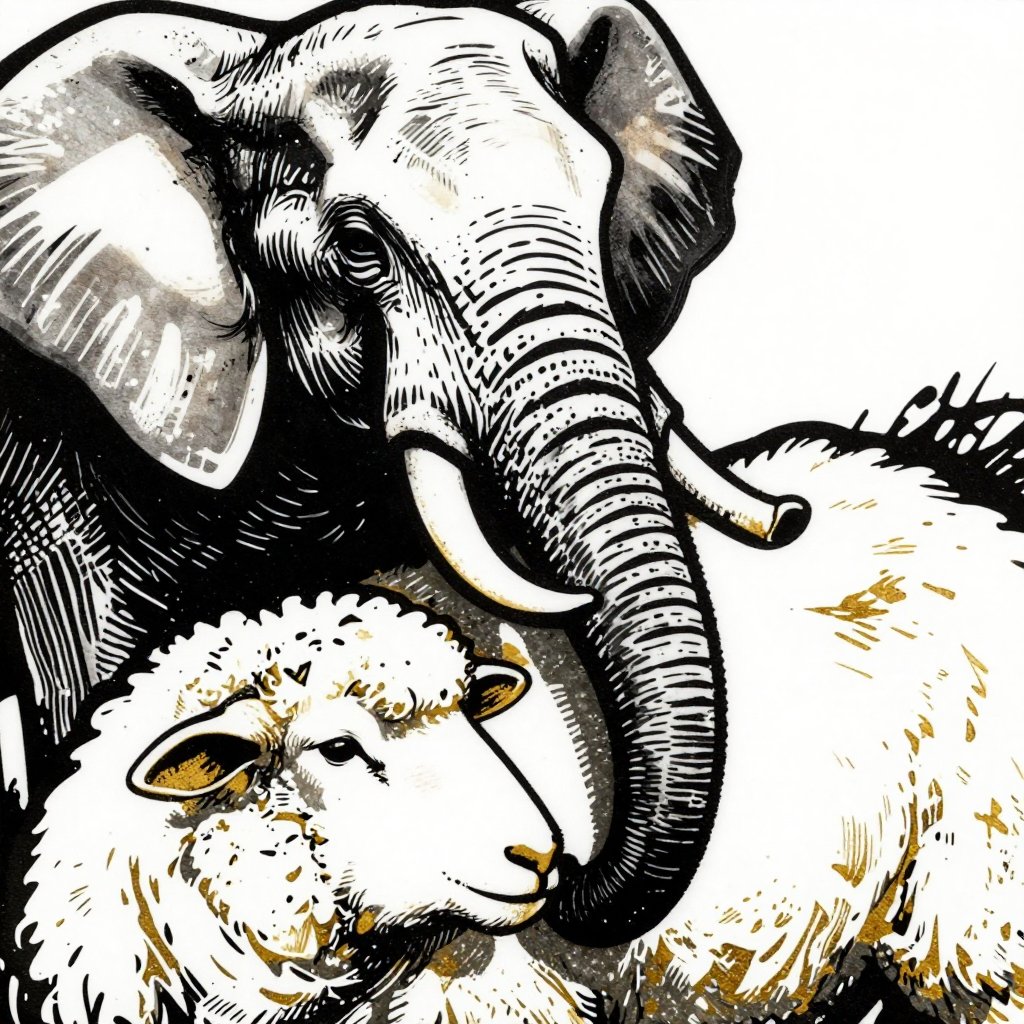 Close-up of an elephant trunk resting on a sheep's back, intimate and tender, bold graphic detail of trunk texture and wool