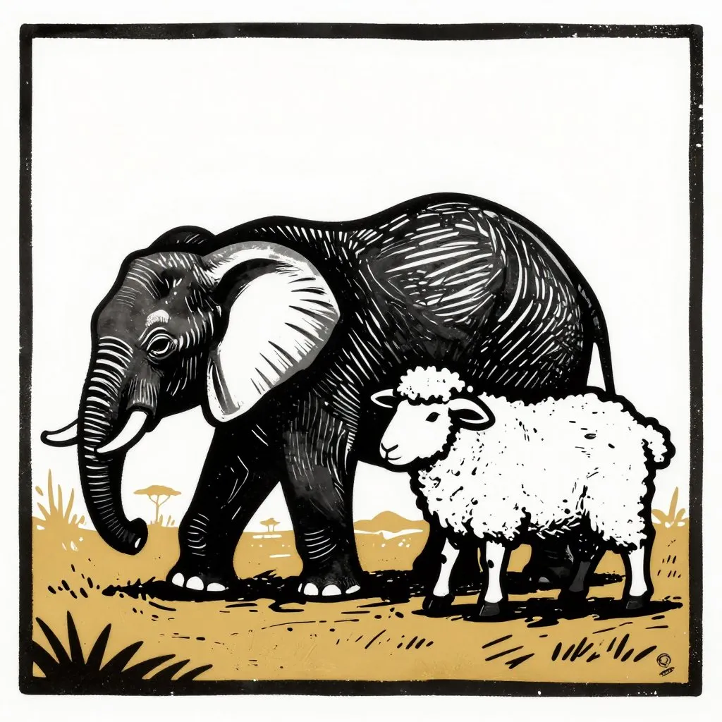 A baby elephant and a sheep walking side by side across a wide open enclosure, identical pace, quiet bond