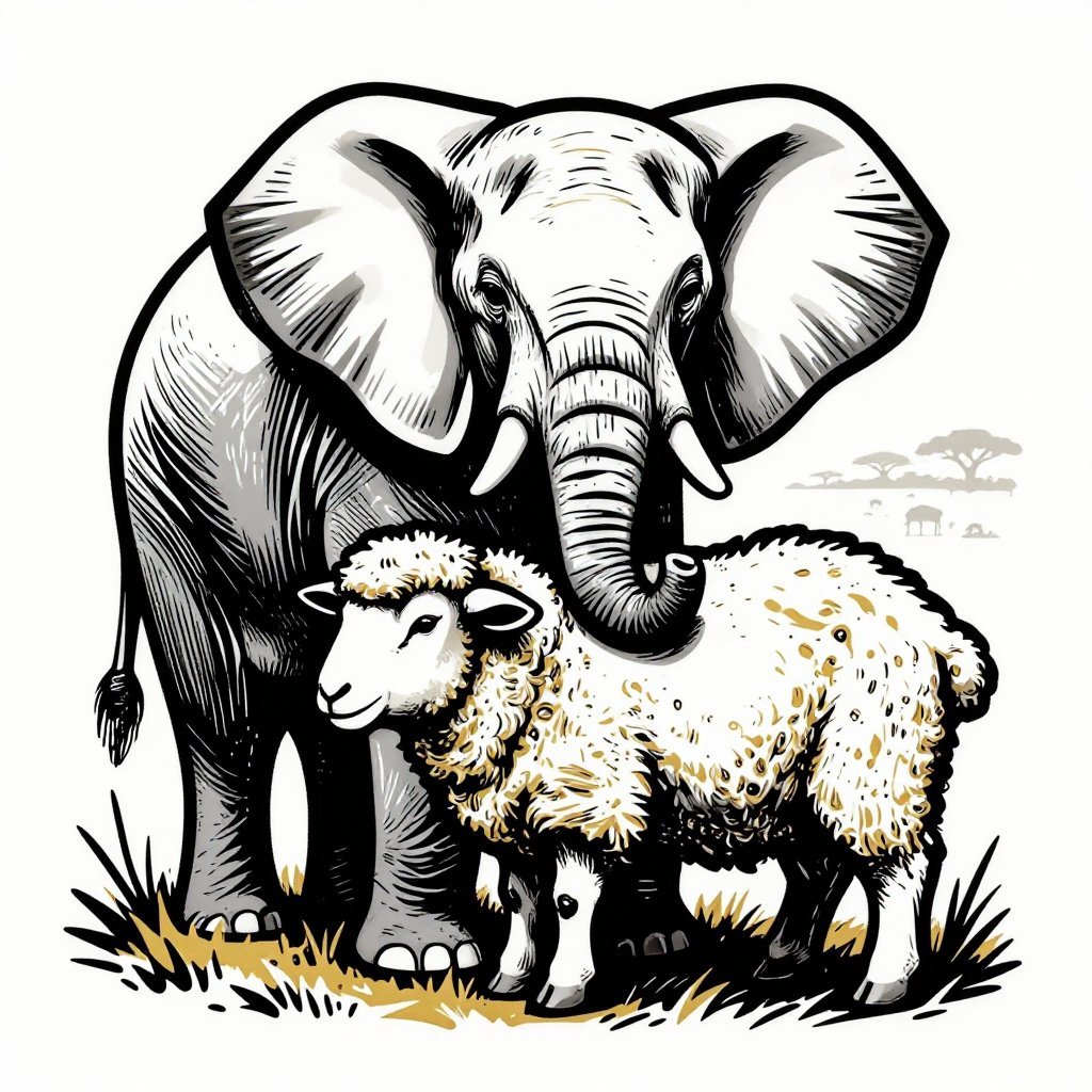 An elephant and a sheep resting close together in late afternoon light, savanna gold around them, still and content