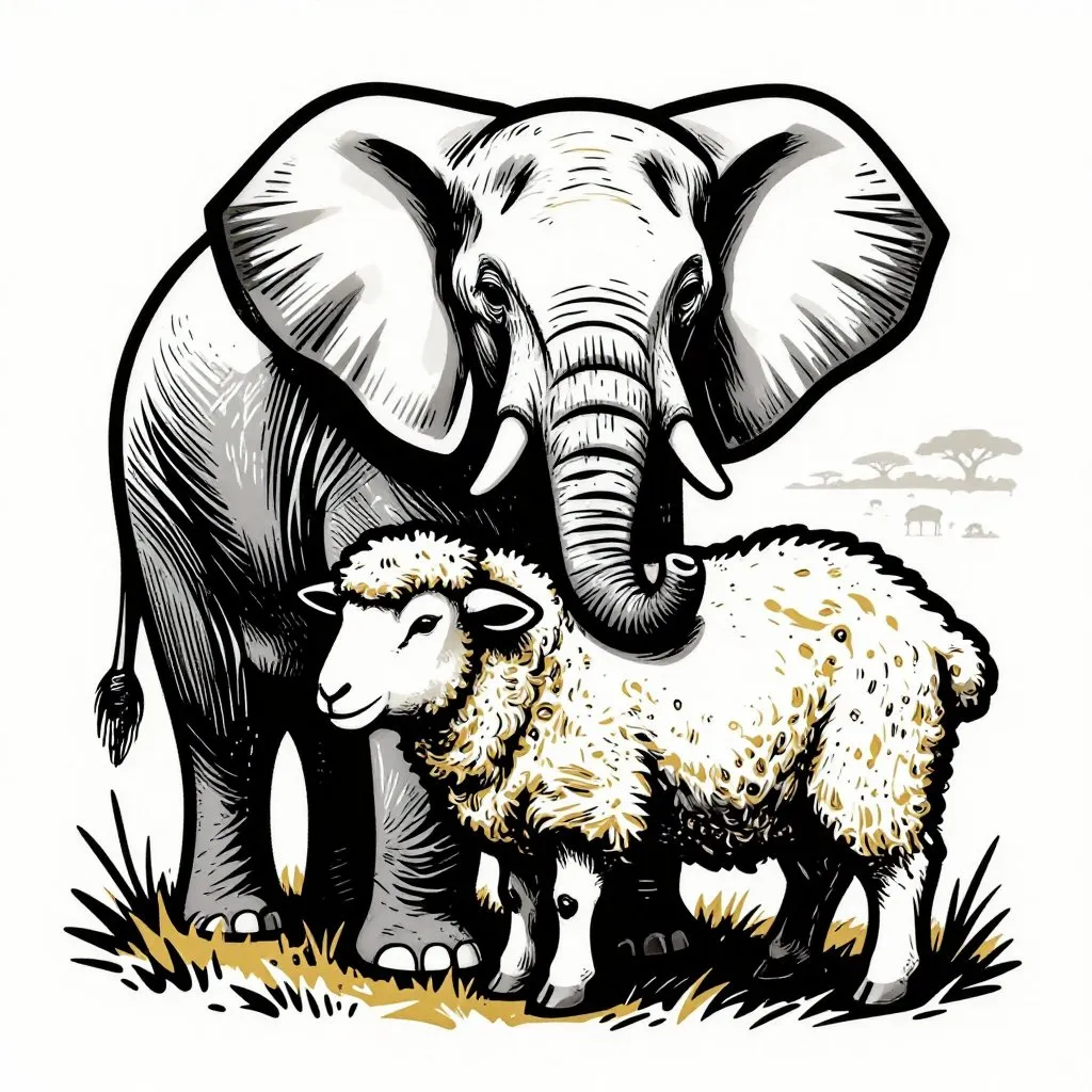 An elephant and a sheep resting close together in late afternoon light, savanna gold around them, still and content