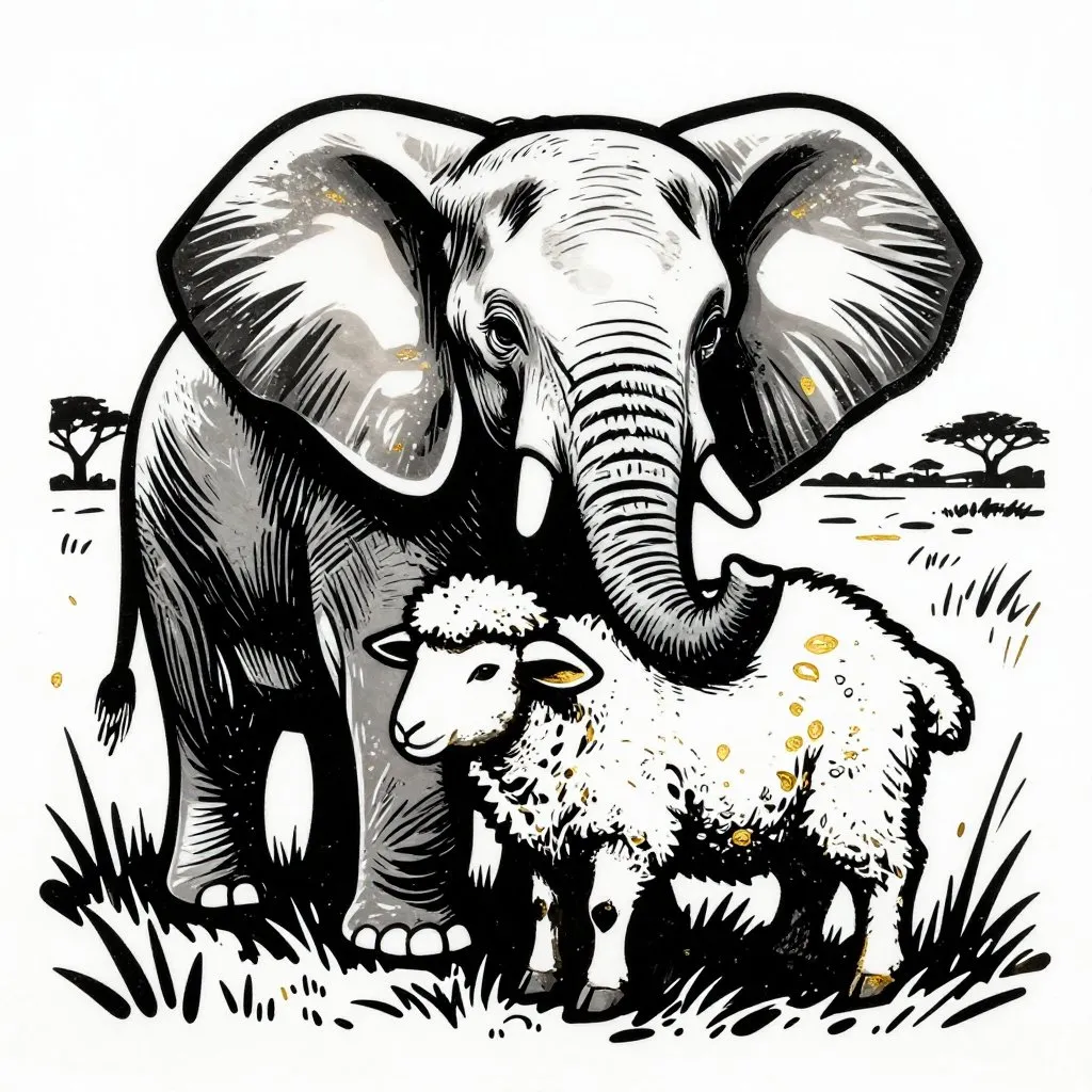 A baby elephant resting his trunk gently on the back of a small sheep, savanna background suggested in simple lines, quiet and profound