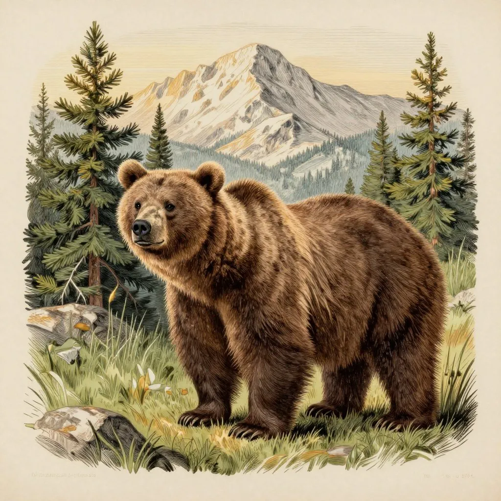 A young female grizzly bear in a Wyoming mountain landscape with a numbered ear tag visible, early morning light filtering through pine trees, calm and watchful mood