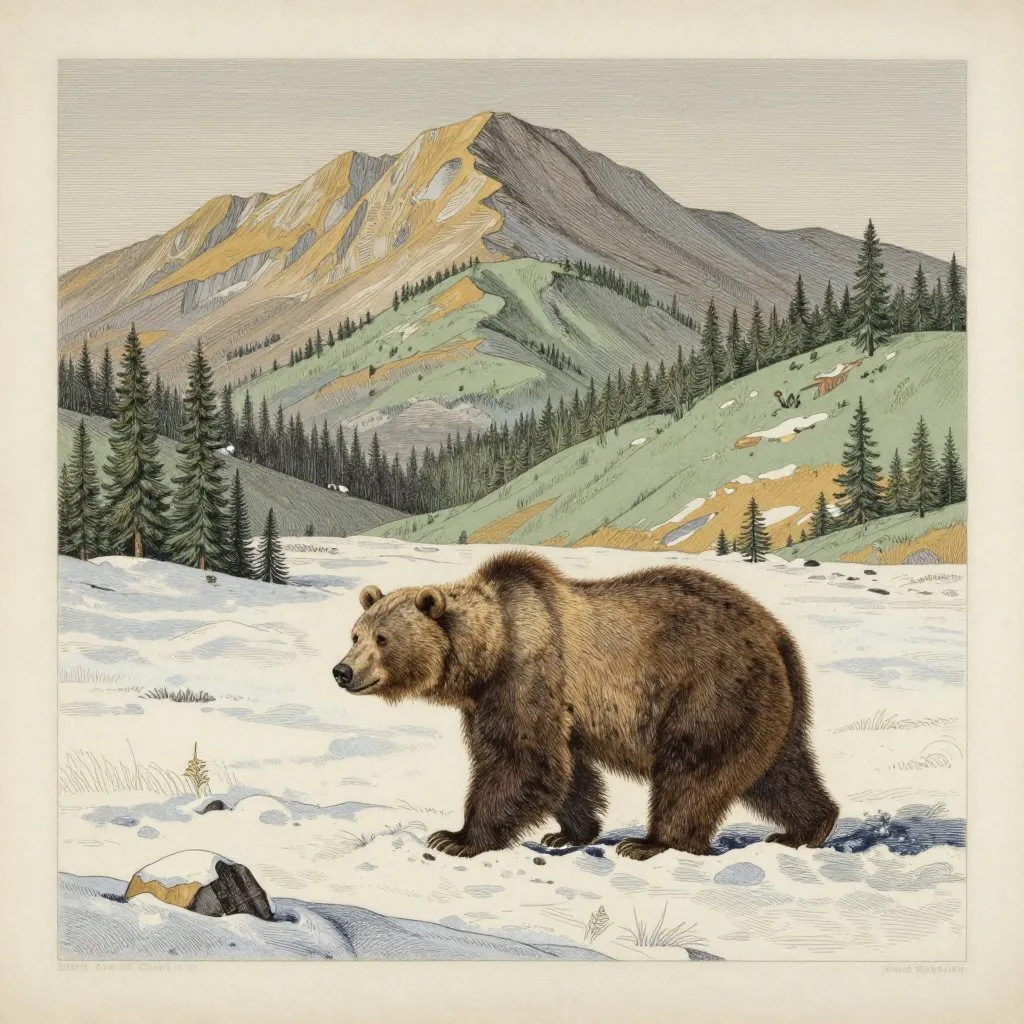 A grizzly bear emerging from a snowfield into a sage-covered valley with mountains behind her, late winter thaw light, solitary and purposeful mood