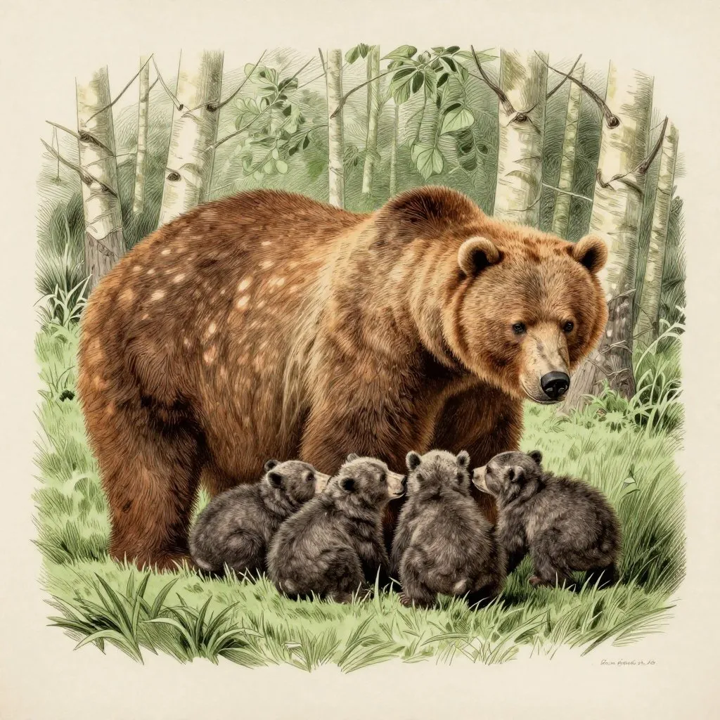 A mother grizzly bear nursing four small cubs in a meadow, dappled light through aspen trees, tender and abundant mood