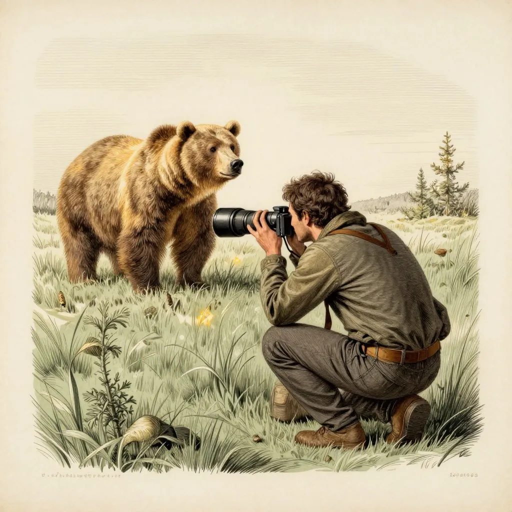 A wildlife photographer crouched low in a field with a long telephoto lens, a grizzly bear visible in the middle distance, golden hour light, patient and devoted mood