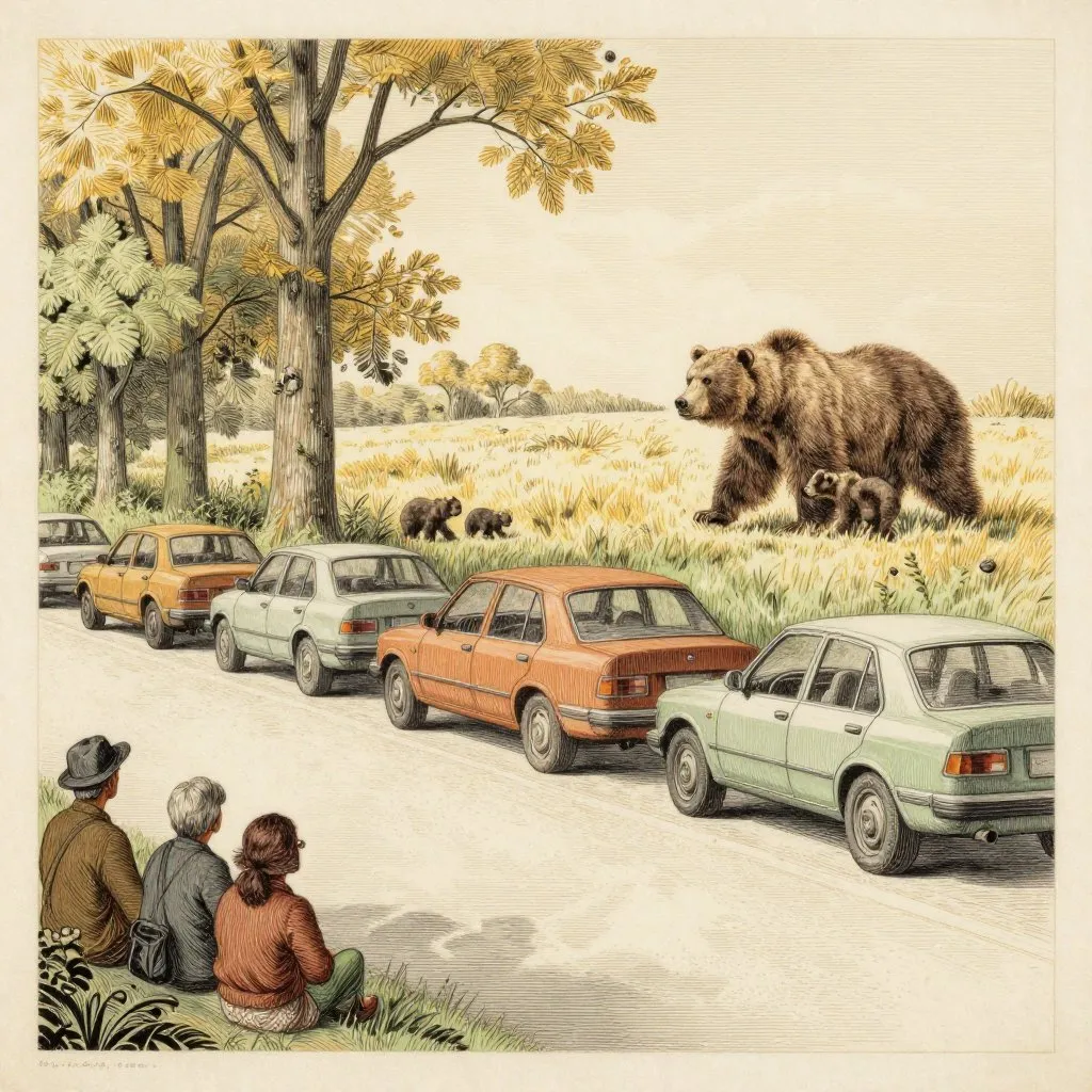 A line of parked cars along a park road with visitors watching a grizzly bear and cubs in a meadow beyond, warm afternoon light, quiet awe mood