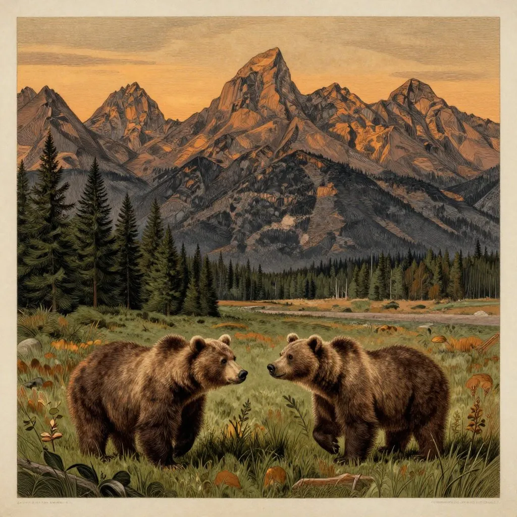 Two young grizzly bears alone in a wide mountain meadow at dusk, the Teton Range dark against an amber sky, solitary and quietly resilient mood