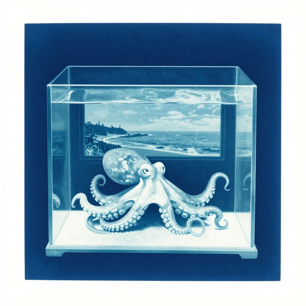 A glass aquarium tank seen from the outside with an octopus resting inside, the Pacific coast visible through a window behind the tank, mood of quiet captivity and coastal proximity