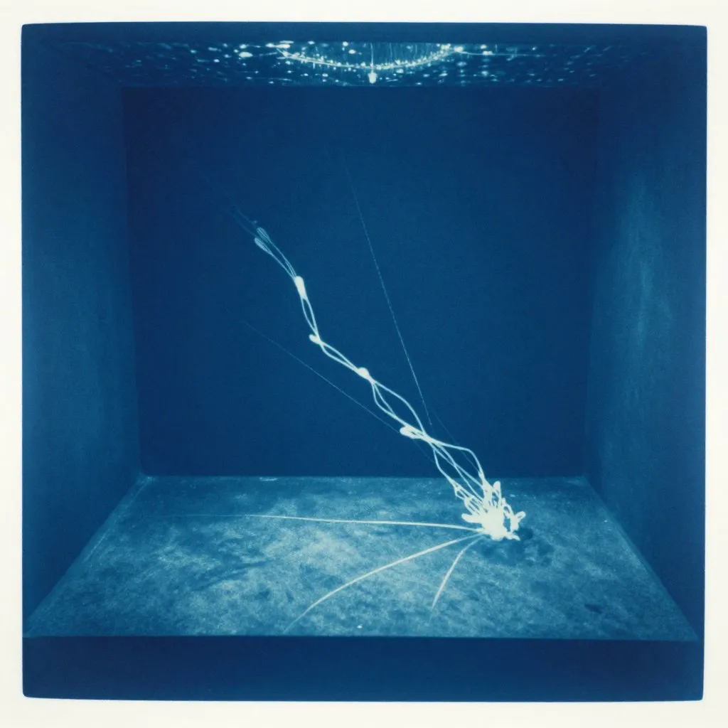 A dark aquarium floor at night seen from above, a trail of wet marks crossing from one wall toward another, no creature visible, mood of invisible motion and quiet intelligence