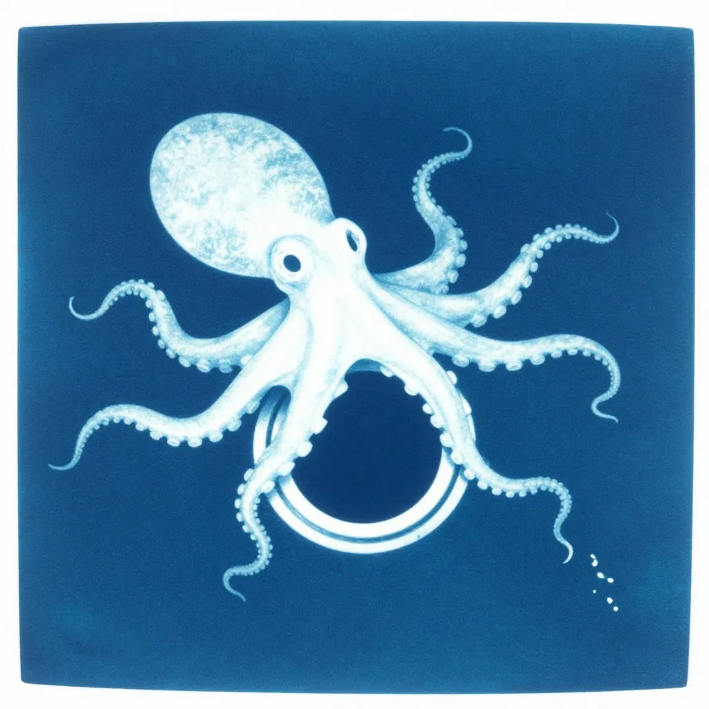 A circular drain pipe opening in a floor with an octopus arm just disappearing into it, the last arm tip visible, the trail of wet marks ending at the rim, mood of finality and departure