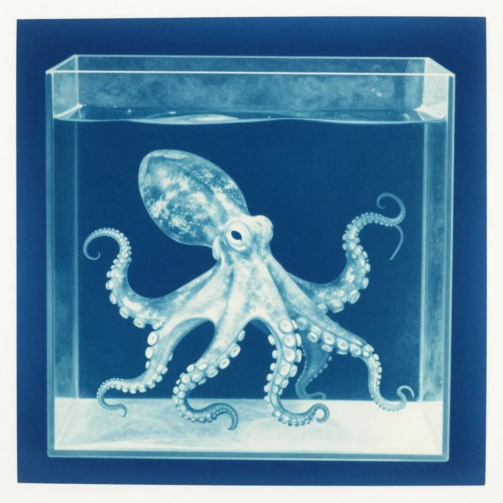 An octopus alone in a glass tank, still and observant, the neighboring empty tank visible beside it, mood of solitude and ambiguous witness