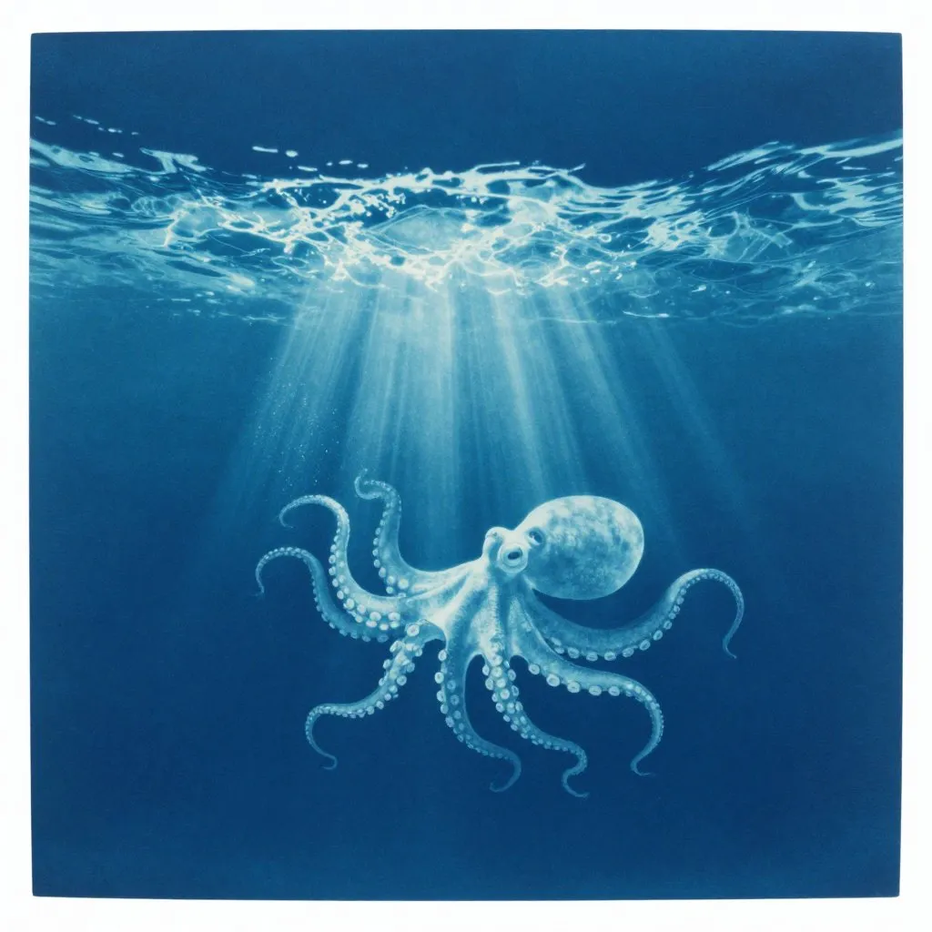 A vast open ocean surface seen from just below the waterline, light filtering down in rays, an octopus shape dissolving into the blue distance, mood of return and release