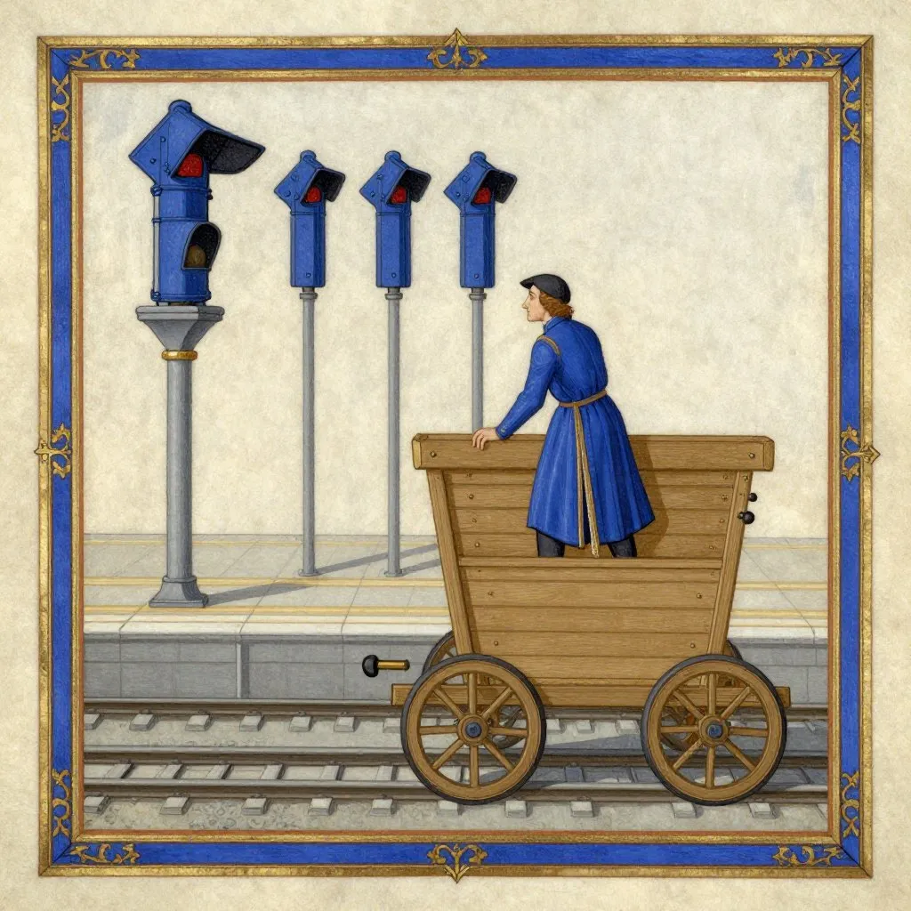 A man on a wooden cart at a railway station, his cap still on, signal levers in a row behind him, the station platform precise and orderly