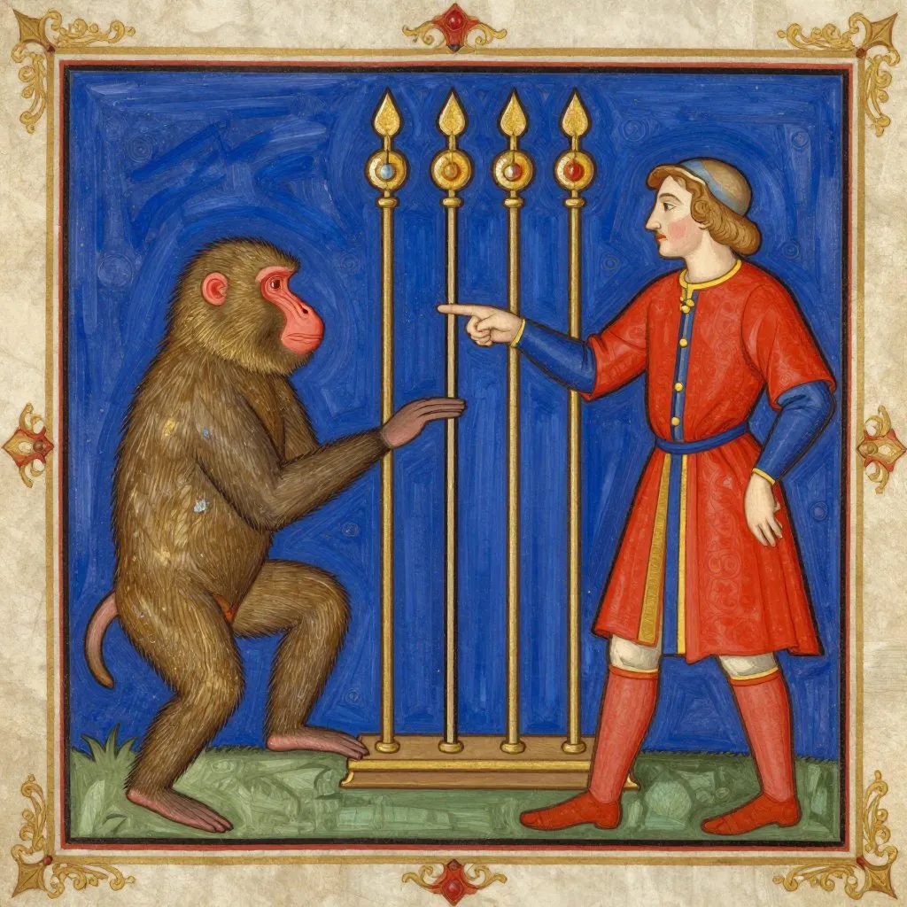 A baboon and a man facing a row of signal levers together, the man pointing, the baboon's hand on one lever