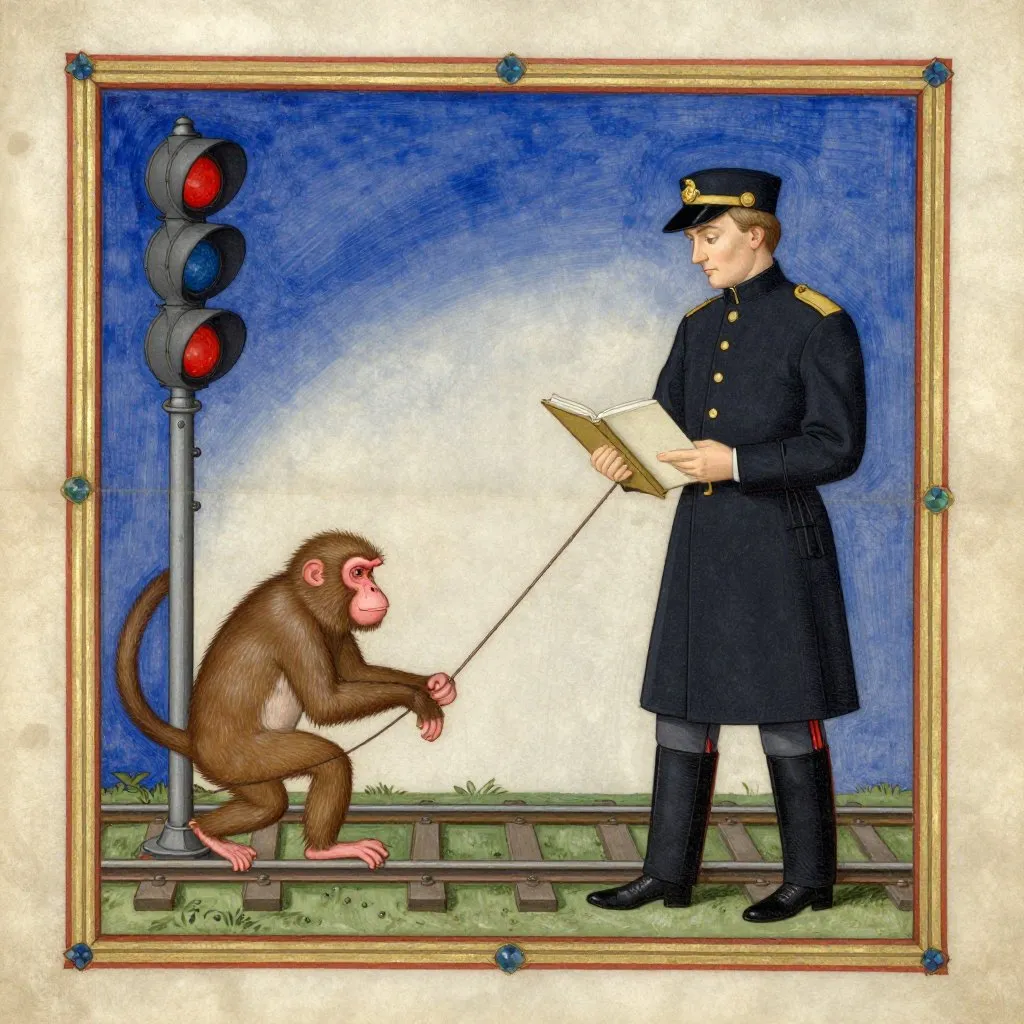 A railway inspector in a dark uniform observing a baboon pulling a signal lever, the inspector's notebook open, his expression attentive and neutral