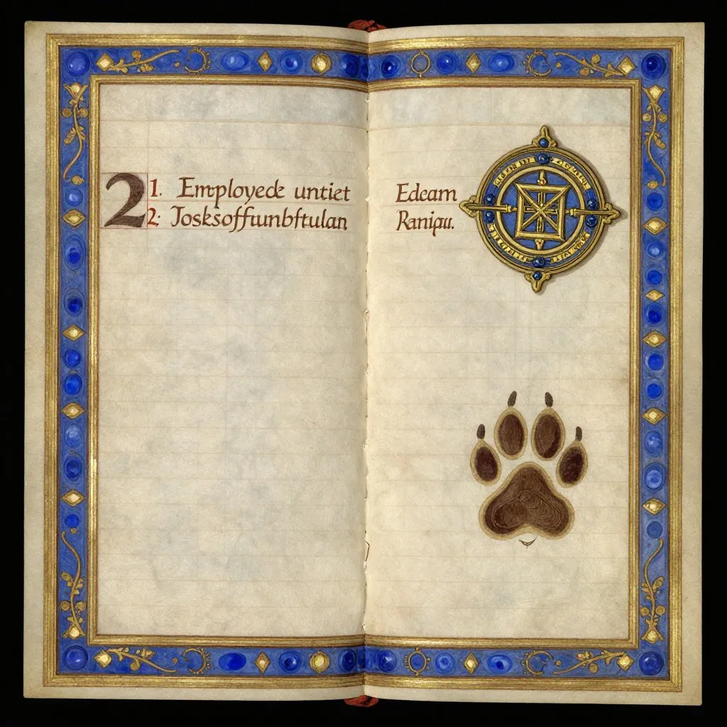 An open ledger showing an entry for employee number 2, the ink still dark, a baboon's paw print beside the name, a railway badge resting nearby