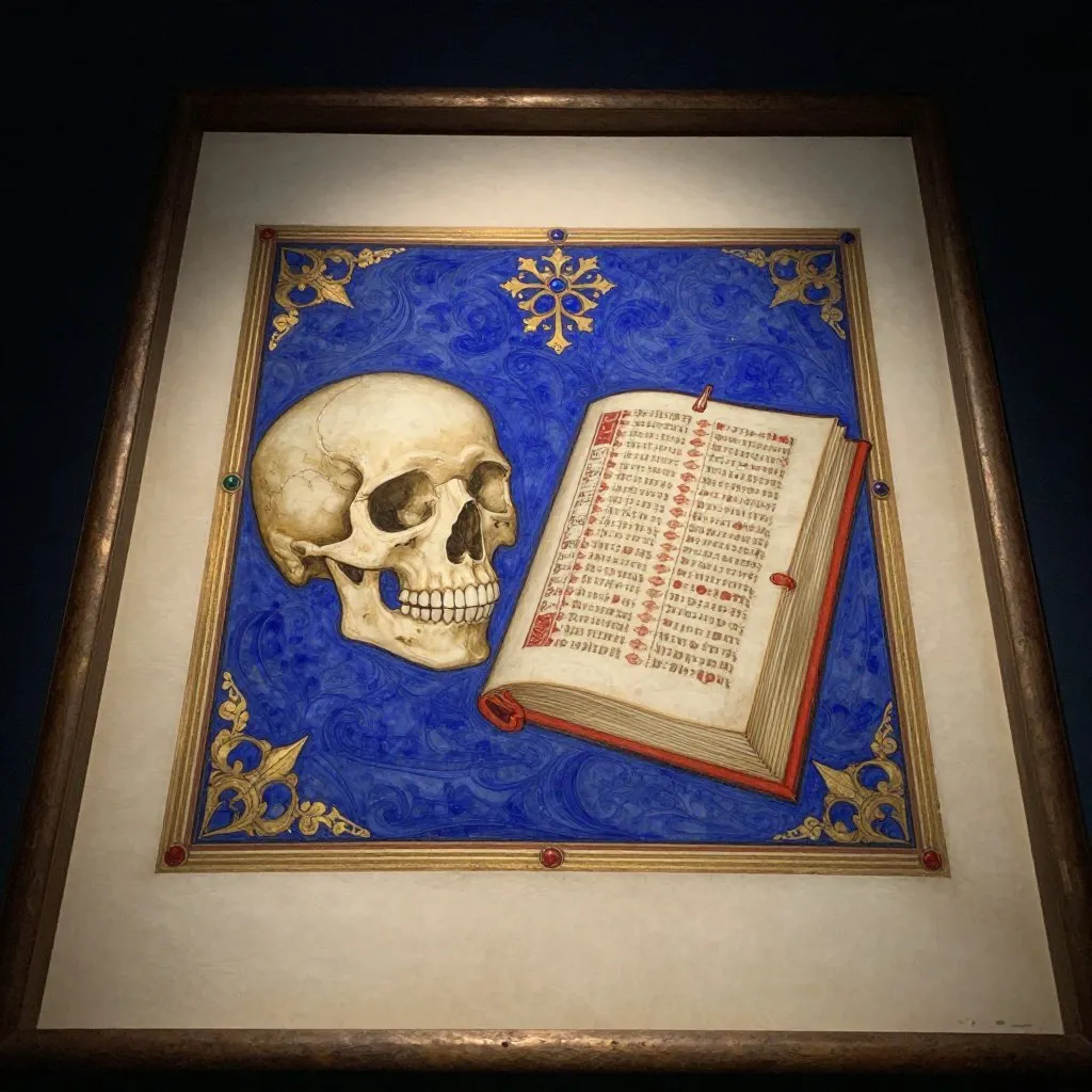 A museum display case holding a skull and an open ledger, light falling on the documents from above, the case ornate and carefully maintained