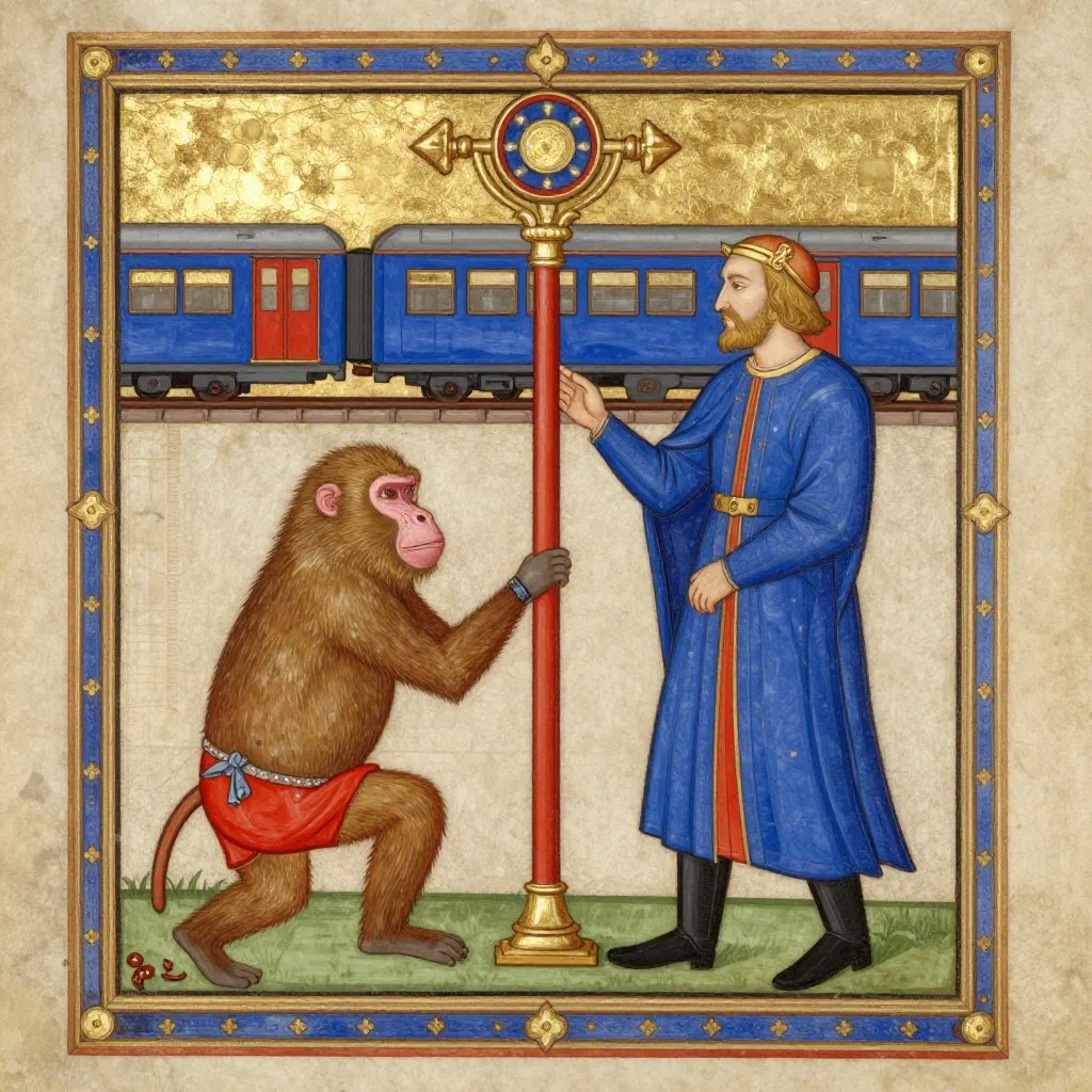 A baboon and a man side by side at the signal post, a train passing safely in the background, the sky gilded and still, both figures depicted at equal scale