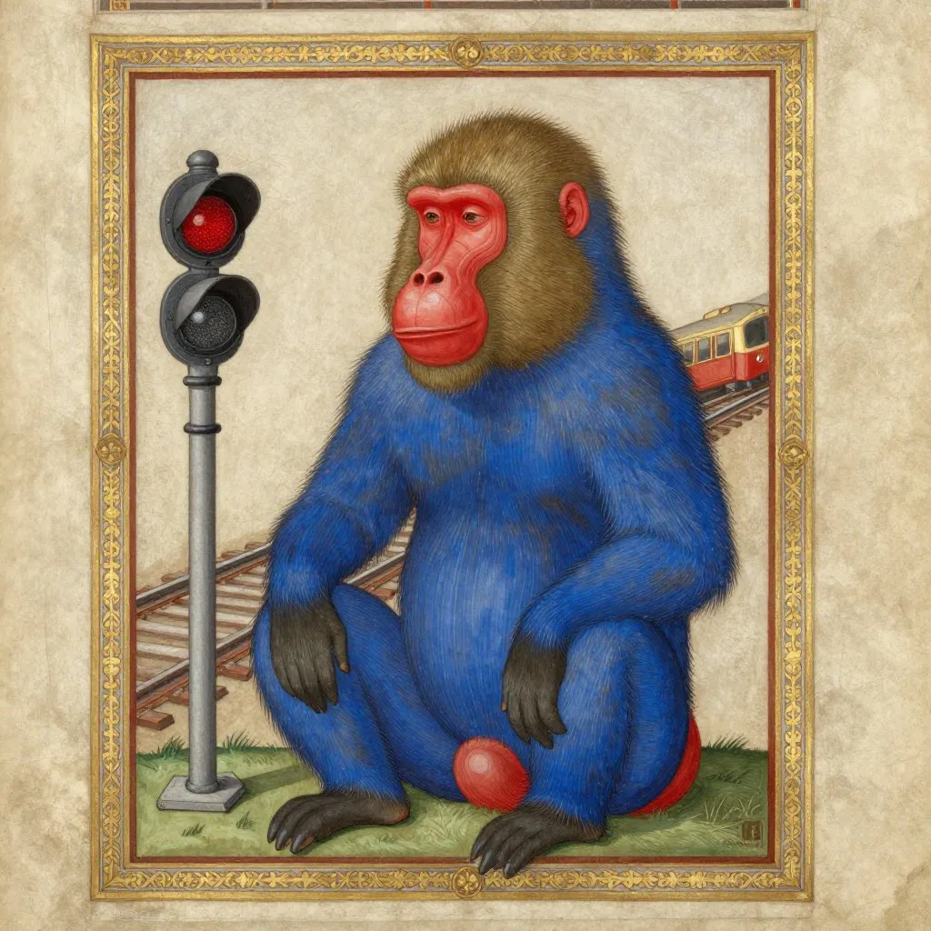 A large male baboon seated upright beside a railway signal lever, posture dignified and calm, a train visible in the gilded distance