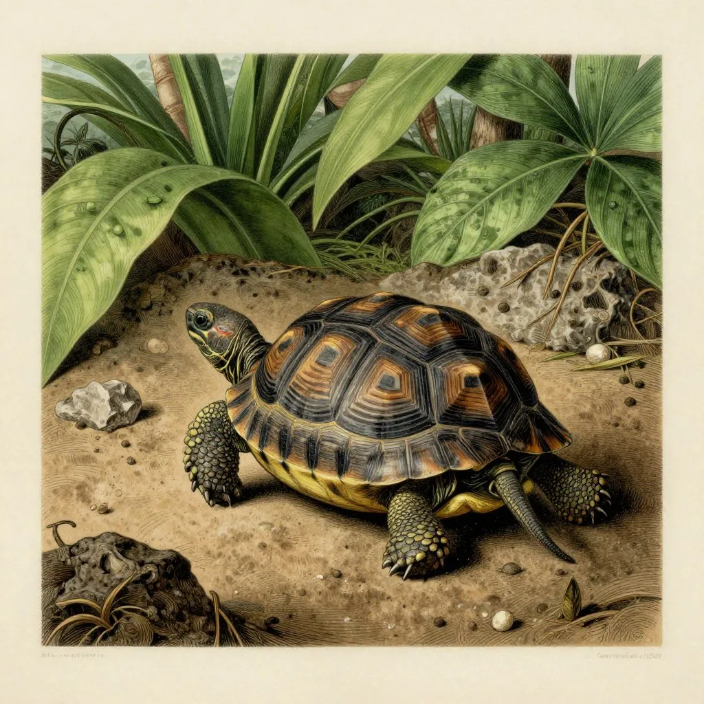 A small tortoise hatchling on rocky Seychelles ground surrounded by tropical vegetation, rendered with the precision of a 19th century nature journal, deep green and warm brown tones