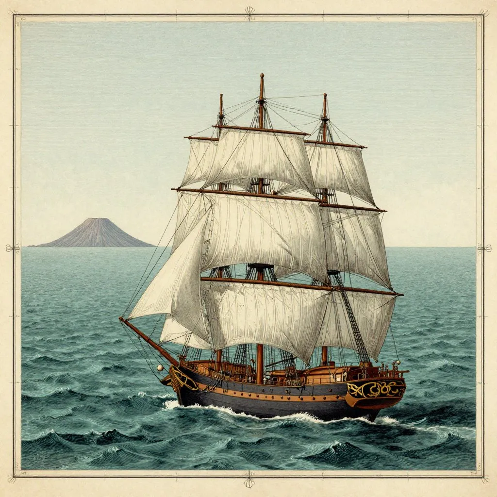 A sailing vessel in the South Atlantic Ocean with a distant volcanic island on the horizon, nautical chart elements bordering the scene, ocean teal and parchment tones