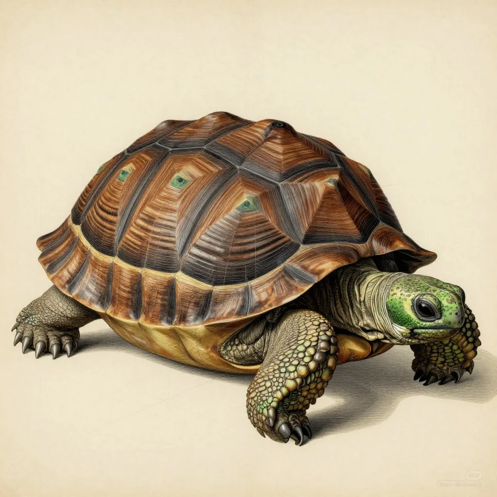 A large ancient tortoise shell rendered in precise cross-hatched detail with faint grid lines suggesting a naturalist's study plate, deep brown and aged cream tones