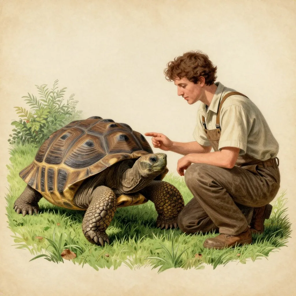 A caretaker crouching beside a very large old tortoise on a green lawn, speaking quietly, the tortoise's head turned toward him, warm afternoon light, warm parchment and island green tones