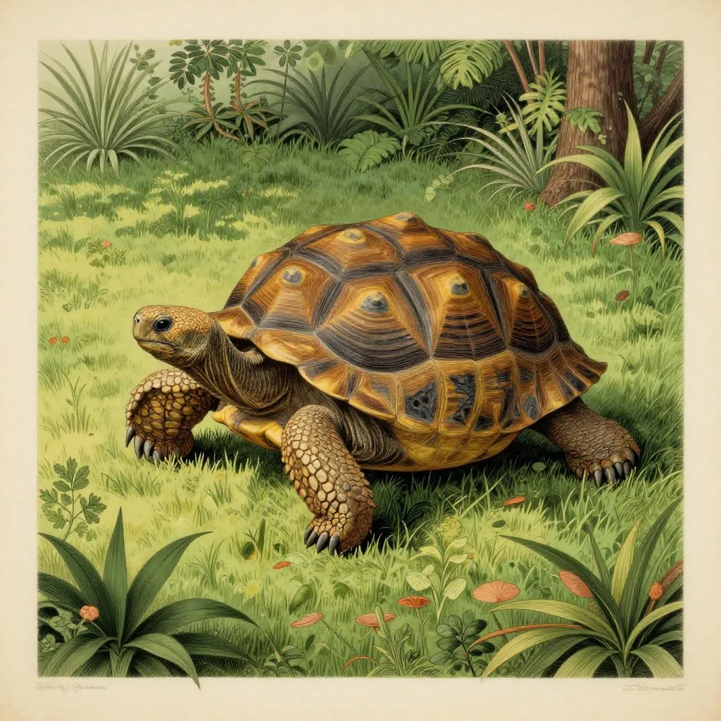 A giant tortoise basking in a broad patch of sunlight on a grassy estate, seen from slightly above, surrounded by botanical border details of native plants, golden amber and deep green tones