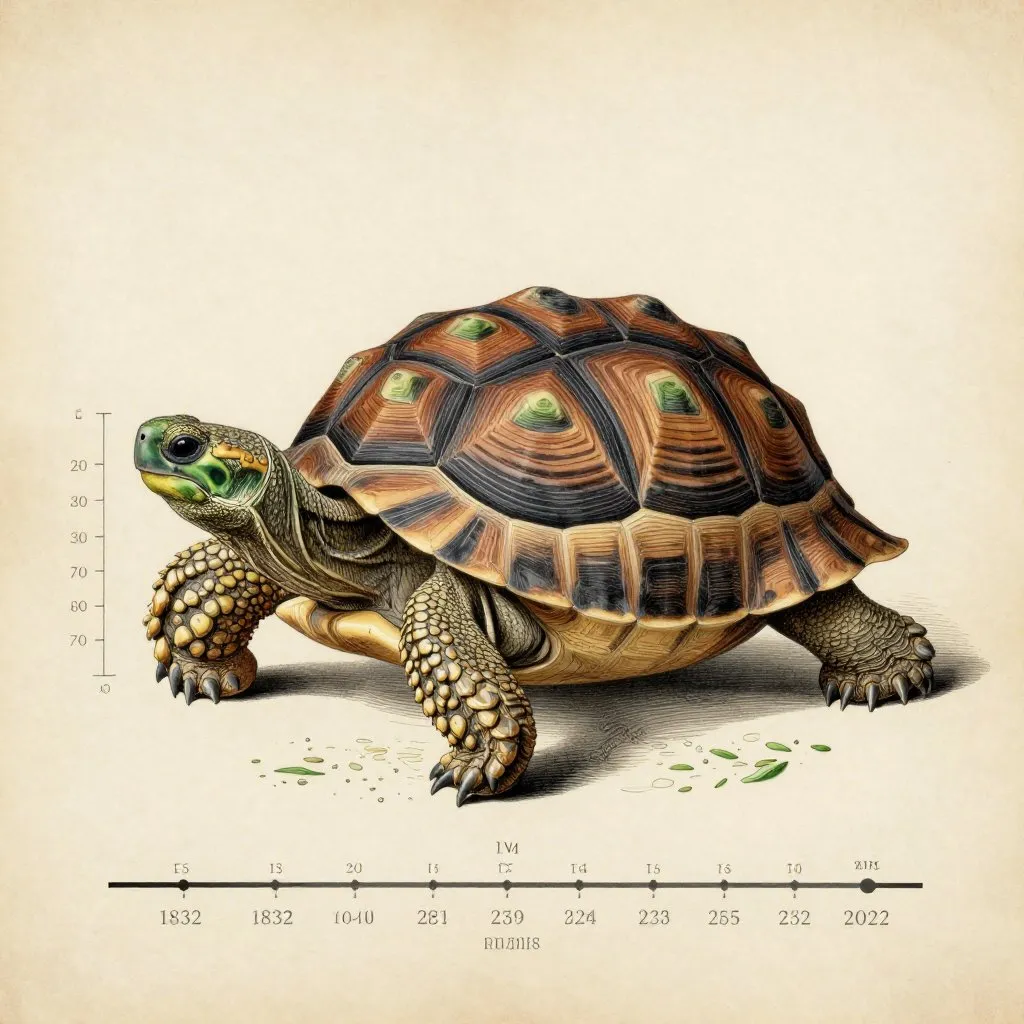 A large tortoise rendered as a formal naturalist study plate with annotated measurements and a small inset timeline spanning 1832 to 2025, ink brown and aged parchment tones