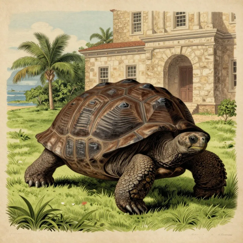 A massive ancient tortoise moving slowly across sun-dappled grass on a remote island, the stone facade of a colonial residence visible behind him, dignified and timeless mood
